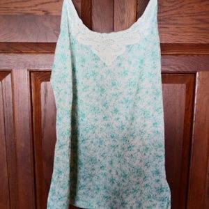 Green and White with lace v neck tank top